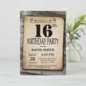 Rustic 16th Birthday Invitation Vintage Wood (Standing Front)