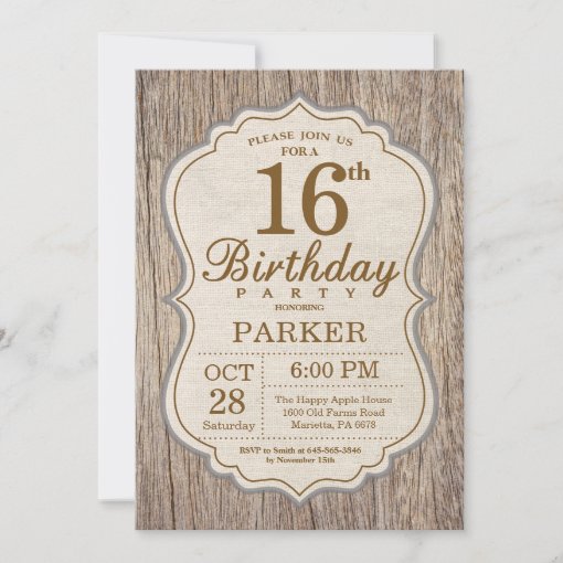 Rustic 16th Birthday Invitation Wood | Zazzle