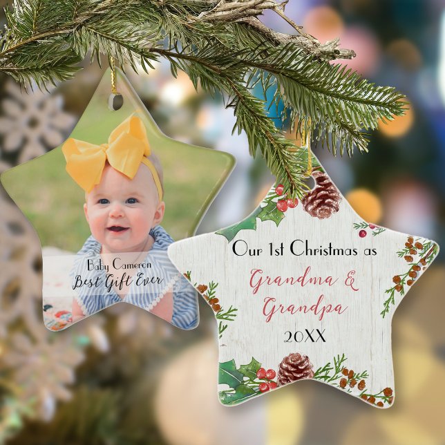 Rustic 1st Christmas Custom Photo New Grandparents Ceramic Ornament (Creator Uploaded)