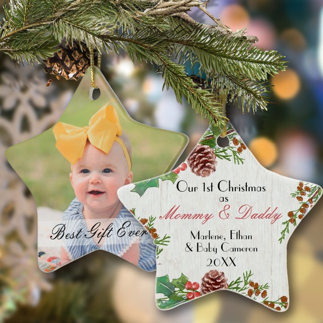 Rustic 1st Christmas Custom Photo New Mom & Dad Ceramic Ornament (Creator Uploaded)