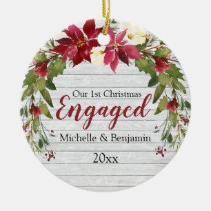 Rustic 1st Christmas Engaged Poinsettia Photo Ceramic Ornament