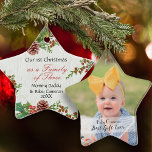 Rustic 1st Christmas Family of 3 Milestone Photo  Ceramic Ornament<br><div class="desc">This adorable baby's first Christmas ornament in star shape has plenty of chic rustic flair. The words " Best Gift Ever" is designed in modern script typography and overlaid on the photo to express your deep love to your new baby. The back side is with a wood base and Christmas...</div>