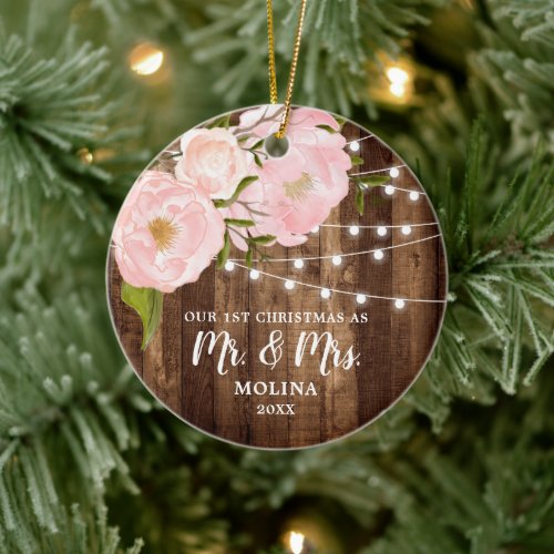 Rustic 1st Christmas Mr Mrs Personalized Floral Ceramic Ornament