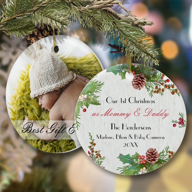 Rustic 1st Christmas New Mom Dad Milestone Photo  Ceramic Ornament (Creator Uploaded)