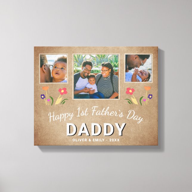Rustic 1st Father`s Day Daddy Keepsake 3 Photo Canvas Print (Front)