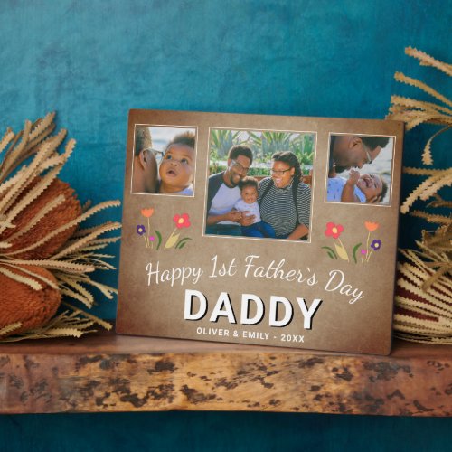 Rustic 1st Fathers Day Daddy Keepsake 3 Photo Plaque