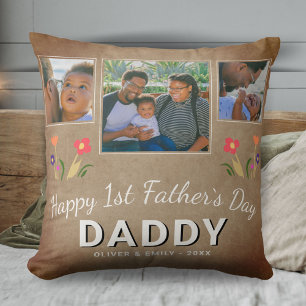 Rustic 1st Father`s Day Daddy Keepsake 3 Photo Throw Pillow