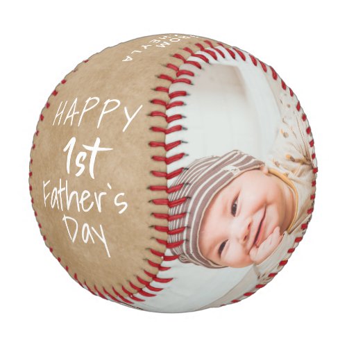Rustic 1st Father`s Day Script 2 Photo Collage Bas Baseball - Rustic 1st Father`s Day Script 2 Photo Collage Baseball. Cute design for the new dad. Trendy script Happy Father`s Day, message with name and year is on rustic beige background. Add your 2 favorite photos into the template and make a sweet and personal gift for a new dad for Father`s Day.