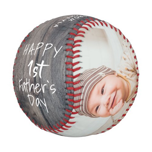 Rustic 1st Father`s Day Script 2 Photo Collage Baseball - Rustic 1st Father`s Day Script 2 Photo Collage Baseball. Cute design for the new dad. Trendy script Happy Father`s Day, message with name and year is on rustic wood background. Add your 2 favorite photos into the template and make a sweet and personal gift for a new dad for Father`s Day.