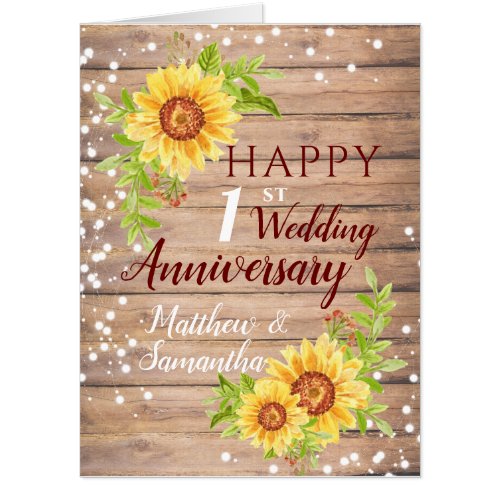 Rustic 1st Wedding Anniversary Sunflower Large Card