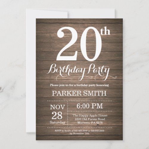 Rustic 20th Birthday Invitation