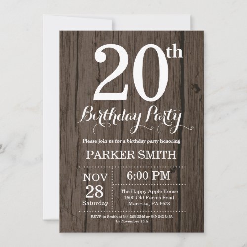 Rustic 20th Birthday Invitation