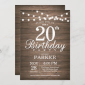 Rustic 20th Birthday Invitation String Lights Wood (Front/Back)