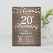 Rustic 20th Birthday Invitation String Lights Wood (Standing Front)