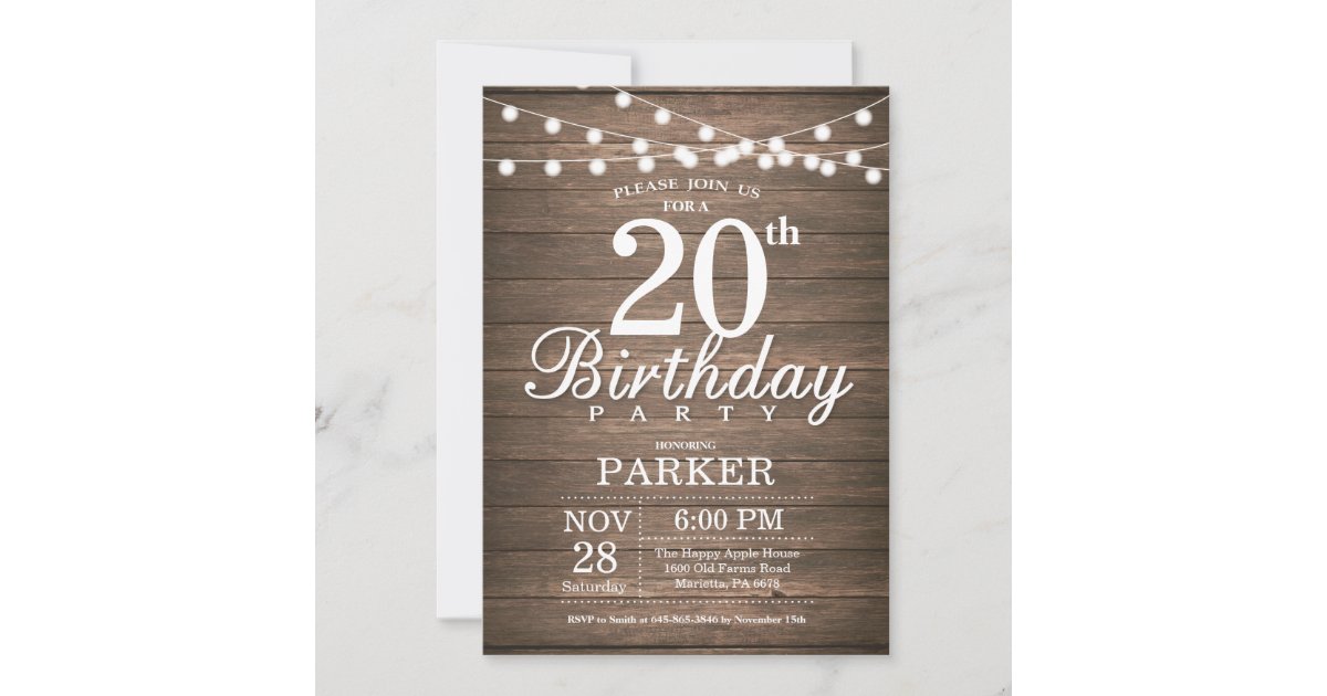 Rustic 20th Birthday Invitation String Lights Wood | Zazzle