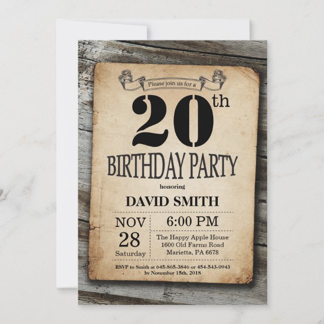 Rustic 20th Birthday Invitation Vintage Wood (Front)