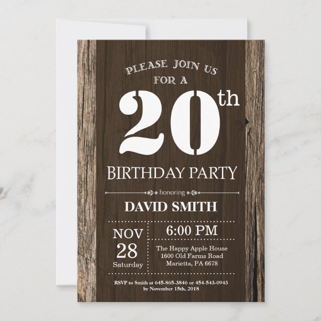 Rustic 20th Birthday Invitation Vintage Wood (Front)