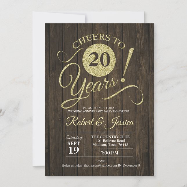 Rustic 20th Wedding Anniversary - Gold Wood Invitation (Front)