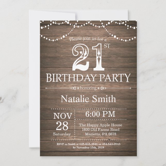 Rustic 21st Birthday Invitation String Lights (Front)