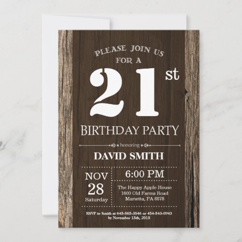 Rustic 21st Birthday Invitation Vintage Wood