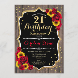 Rustic 21st Birthday - Roses Sunflowers Wood Invitation