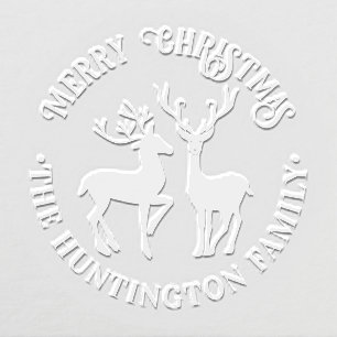 Rustic 2 Deer Merry Christmas Greeting Family Name Embosser