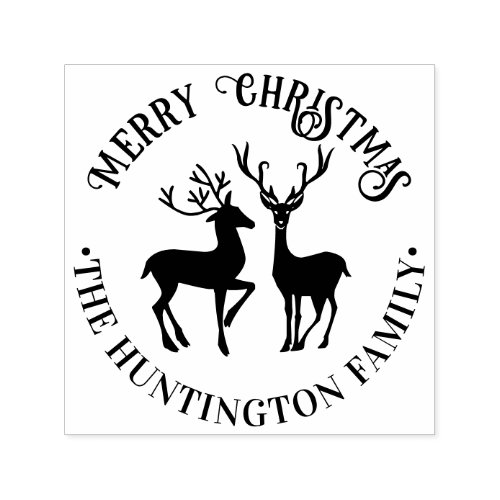 Rustic 2 Deer Merry Christmas Greeting Family Name Self_inking Stamp
