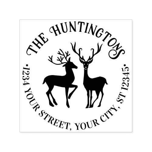 Rustic 2 Deer Round Family Name Return Address Self_inking Stamp