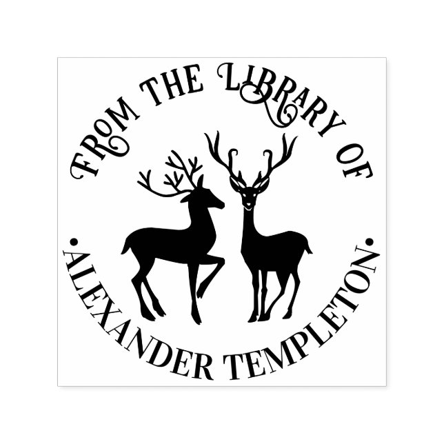 Rustic 2 Deer Round “From the Library” Book Name Self-inking Stamp (Design)