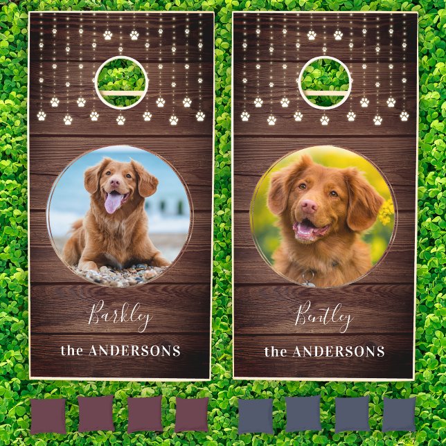 Rustic 2 Pet Photo Paw Prints String Lights Custom Cornhole Set (Creator Uploaded)