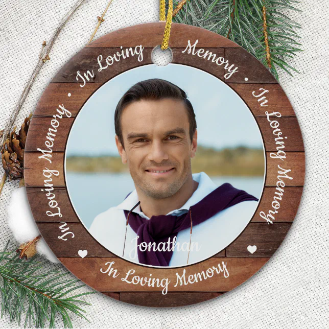 Rustic 2 Photo In Loving Memory Memorial Ceramic Ornament | Zazzle