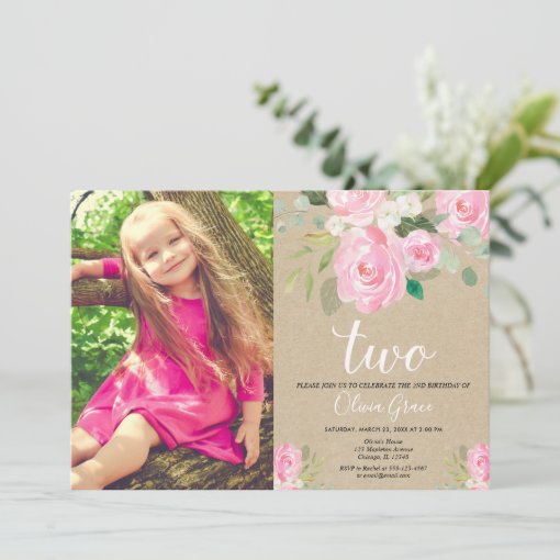 Rustic 2nd birthday girl blush pink floral kraft invitation | Zazzle