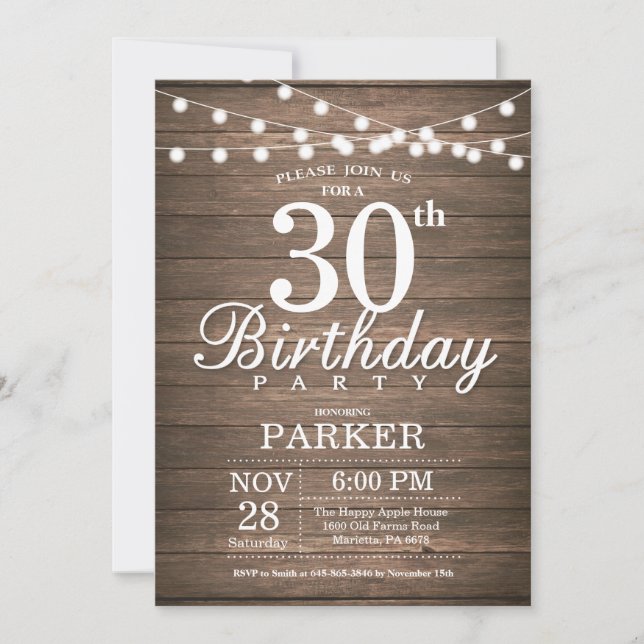 Rustic 30th Birthday Invitation String Lights Wood (Front)