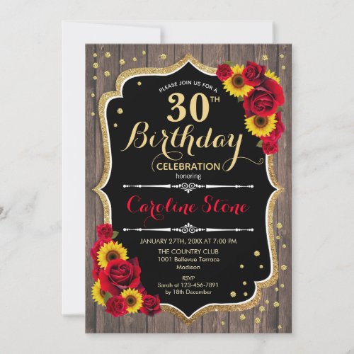 Rustic 30th Birthday _ Roses Sunflowers Wood Invitation