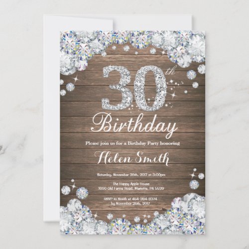 Rustic 30th Birthday Silver Diamond Invitation