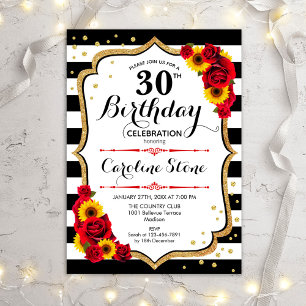 Rustic 30th Birthday - Sunflowers Roses Stripes Invitation
