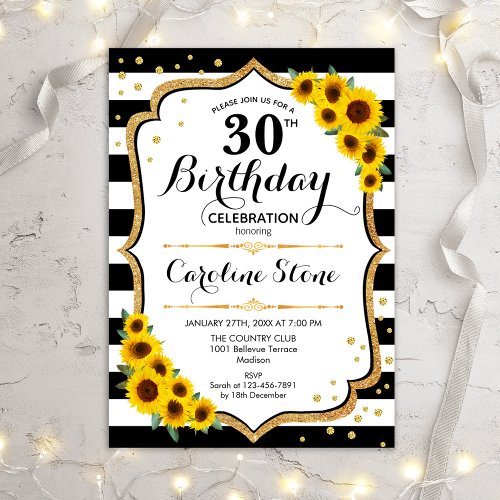 Rustic 30th Birthday _ Sunflowers Stripes Invitation