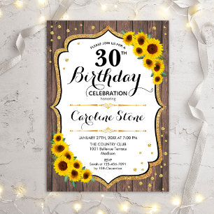 Rustic 30th Birthday - Sunflowers Wood Invitation