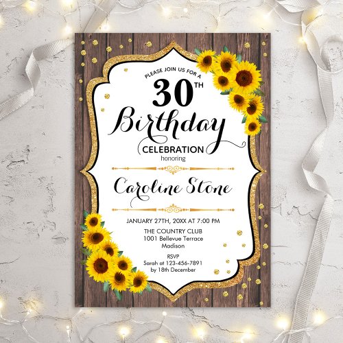 Rustic 30th Birthday _ Sunflowers Wood Invitation