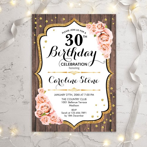 Rustic 30th Birthday _ Wood Blush Pink Roses Invitation