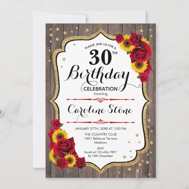 Rustic 30th Birthday - Wood Sunflowers Roses Invitation (Front)