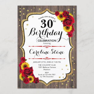 Rustic 30th Birthday - Wood Sunflowers Roses Invitation