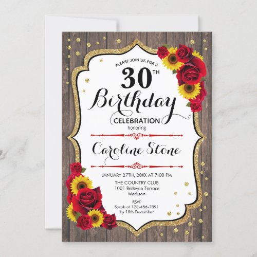 Rustic 30th Birthday _ Wood Sunflowers Roses Invitation