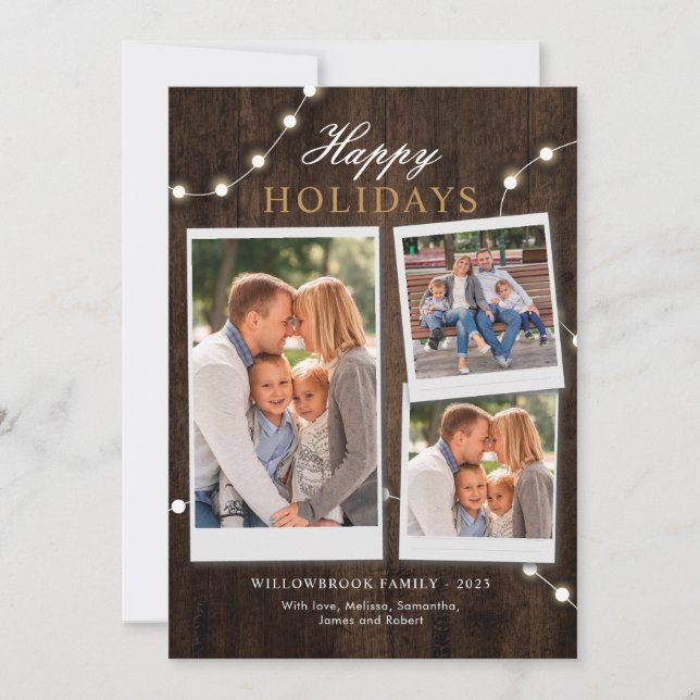 Rustic 3 Family Photos and Fairy Lights Christmas Holiday Card (Front)