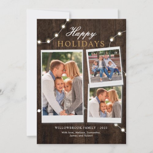 Rustic 3 Family Photos and Fairy Lights Christmas Holiday Card