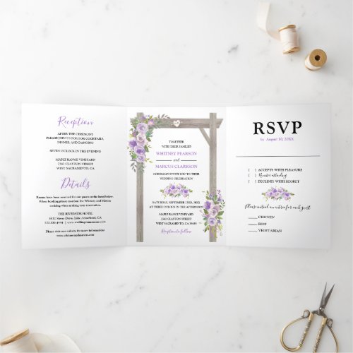 Rustic 3 in 1 Purple Watercolor Floral Wedding Tri-Fold Invitation - A all in one rustic floral wedding trifold invitation featuring a chic white background that can be changed to any color, a stylish purple & lavender watercolor floral display on a rustic wooden wedding arbor, a carved heart with the couples initials, wedding details, wedding invite, and an rsvp for your guests to cut off and send back.