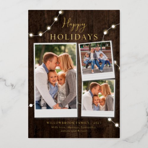 Rustic 3 Photo Collage and Fairy Lights Gold Foil Holiday Card