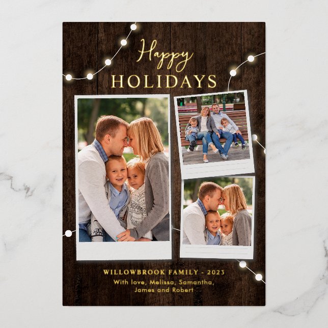 Rustic 3 Photo Collage and Fairy Lights Gold Foil Holiday Card (Front)