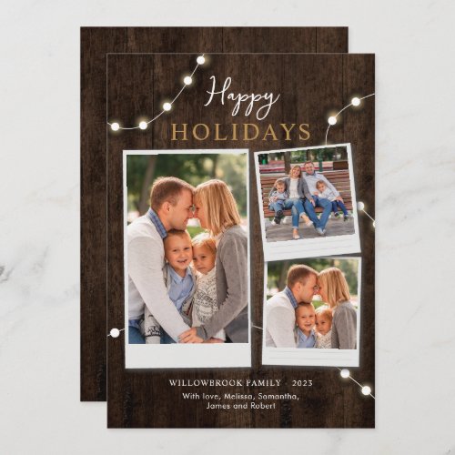 Rustic 3 Photo Collage and Fairy Lights Holiday Card