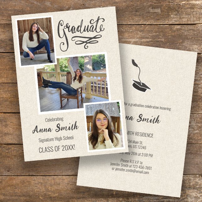 Rustic 3 Photo Collage Graduation Party Invitation (Creator Uploaded)